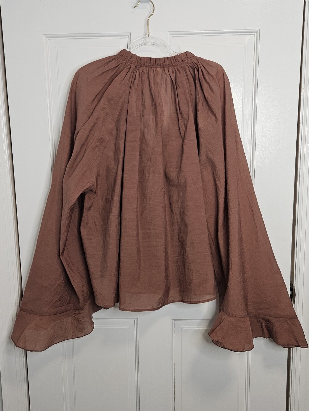NWT H&M Rust Brown Ruffle Blouse L Boho Tie Neck Bell Sleeve Cottagecore Top - Picture 8 of 8